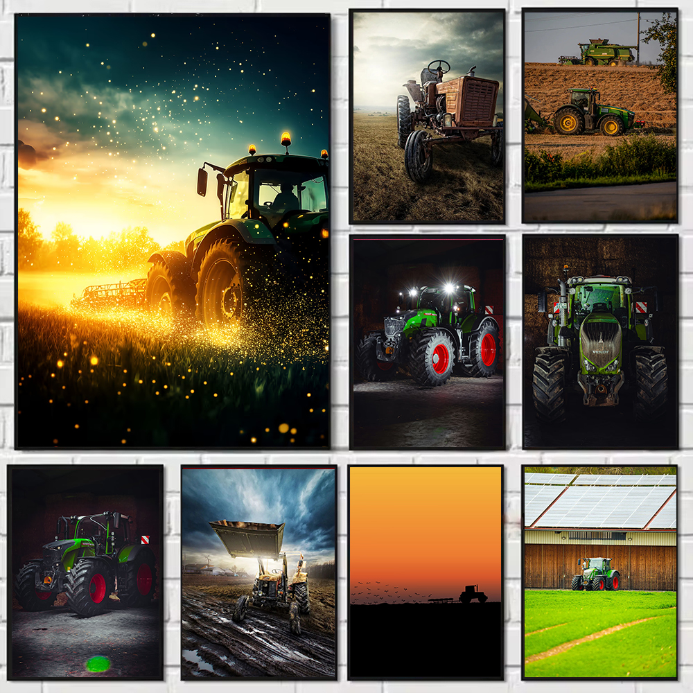 Agriculture Farming Poster - Abstract Art Tractor Working in Golden